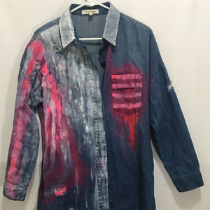 Hand Painted Denim Shirt Dress Neon Pink Size M